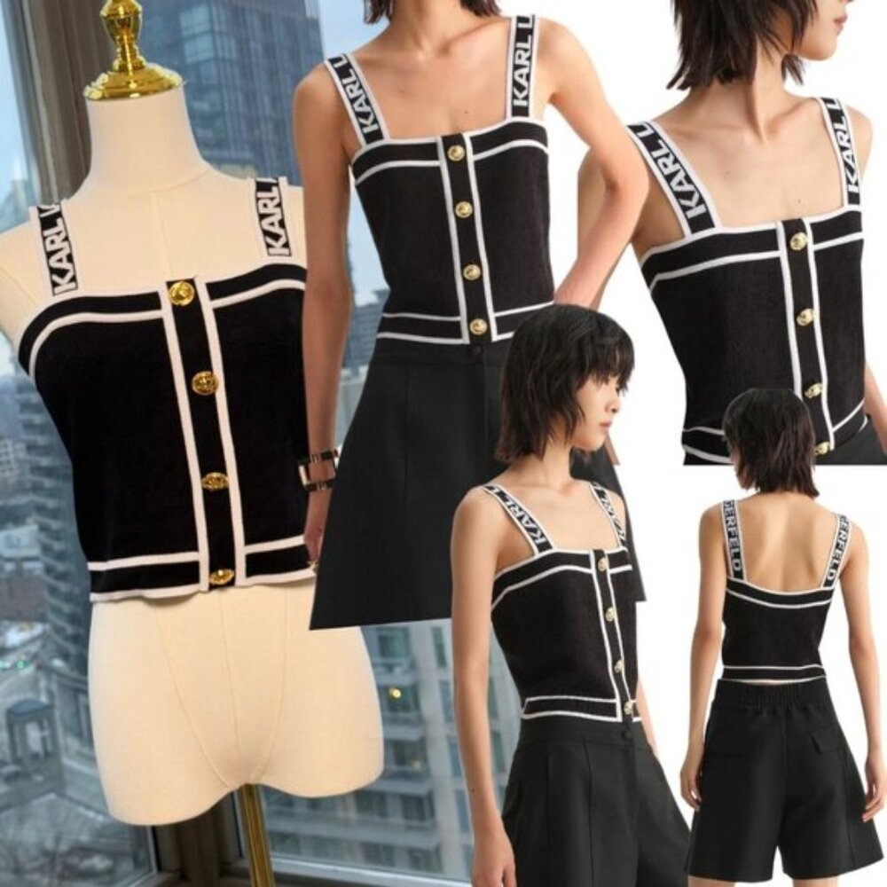🆕 KARL LAGERFELD 🧿 NWT Classic Black Knit Cami with Logo Embroidery, Buttons